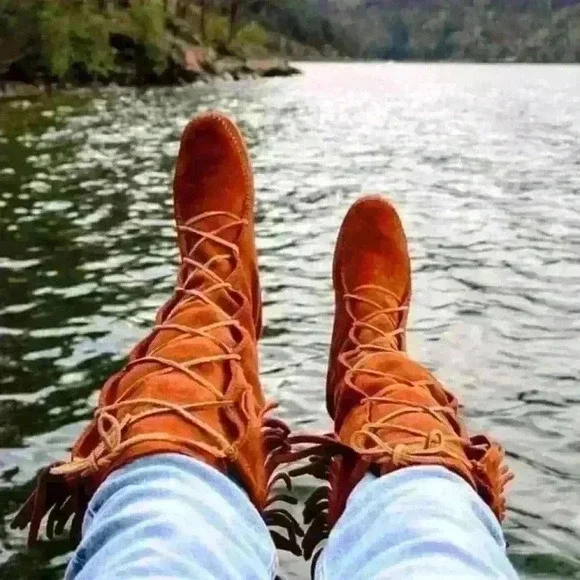 NWOT Minnetonka Front Lace Knee High fringe soft suede leather Boot - Picture 6 of 10